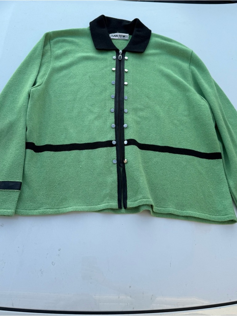 VTG San Remo by Laura Knits XL Full Zip Sweater Green Black Knit Old Money Quiet